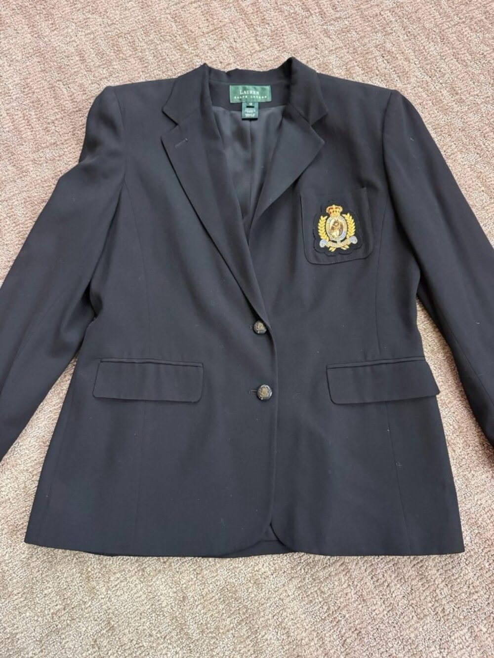 VTG Lauren Ralph Lauren Wool Blazer Crest Logo Gold Buttons Fully Lined Black 12
